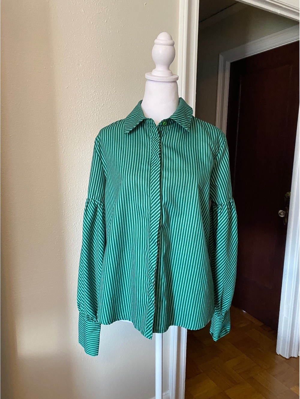 Green striped button up with wide sleeves